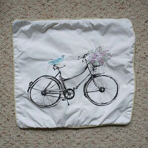 Laura Ashley Throw Pillow Cover Embroidered Floral Bike Bird Whimsical 20x20"